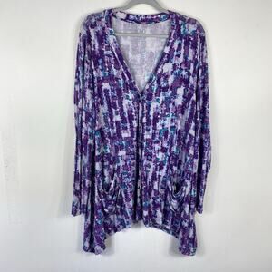 Logo Lori Goldstein Cardigan XL Purple Printed Button Down Pockets Layering